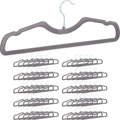 Immagine prodotto di Grucce in velluto - Set da 50 pezzi - Salvaspazio - Con barra per pantaloni e intagli - Appendiabiti - Grigio