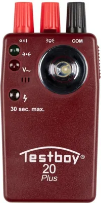 A close-up, front-facing studio shot of a red Testboy 20 Plus voltage tester against a white background.