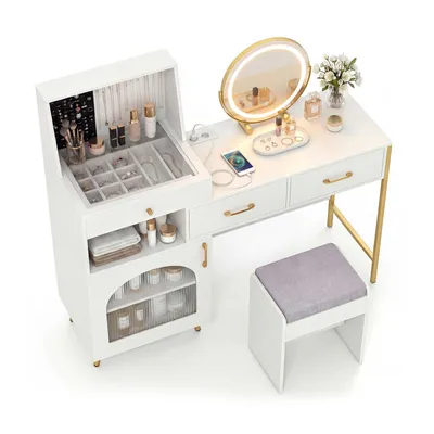 Produktbild von COSTWAY Schminktisch Kosmetiktisch mit Hocker, LED Spiegel & Steckdosen, Frisiertisch mit 120 Ringhalterung & 10 Halskettenhaken 136x43x127,5cm