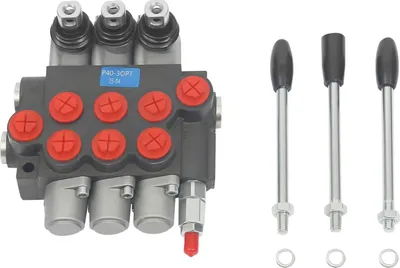 Zdjęcie produktu dla Hydrauliczny zawór rozdzielczy – wielosekcyjny – z zaworem zwrotnym i zaworem ograniczającym ciśnienie – czerwone osłony przeciwpyłowe – czerwony