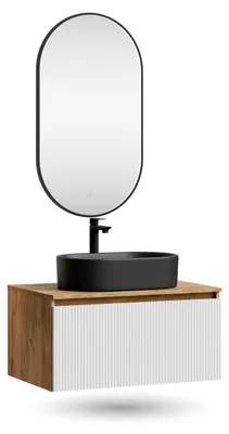 Produktbild von ARISA Badmöbel Set in Weiß Geriffelt – Mit "Glora" LED Spiegel und schwarzem Keramik-Aufsatzwaschbecken 55 cm