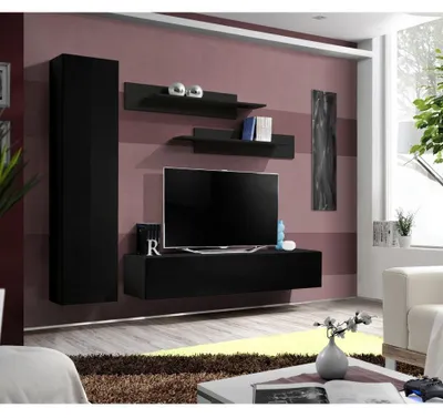 Image de Ensemble meuble TV mural  - Fly I - 210 cm x 190 cm x 40 cm - Noir