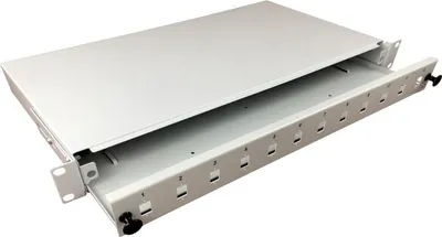 Produktbild von Glasfaser-Verteilerbox 12xSC simplex / 12xLC duplex 19" 1HE mit Frontplatte und Montagezubehör (Verschraubungen, Bänder), erweiterbar ALANTEC