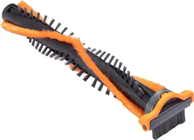 A vacuum cleaner brush roll with orange and black bristles, shown against a white background.