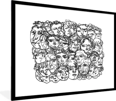 Produktbild von MuchoWow® Gerahmtes Poster Eine abstrakte Schwarz-Weiß-Illustration von Gesichtern 80x60 cm - Poster mit Schwarzem Bilderrahmen Wandposter Rahmen Foto Bilder - Schlafzimmer-Dekorationen - Fotoposter