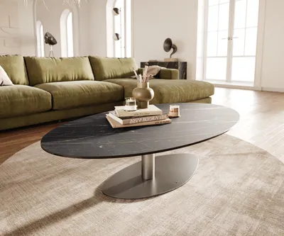 Produktbild von DELIFE Couchtisch Edge Oval 140x80 cm Keramik Laminam® Noir Desir Braun Vibany Edelstahl gebürstet