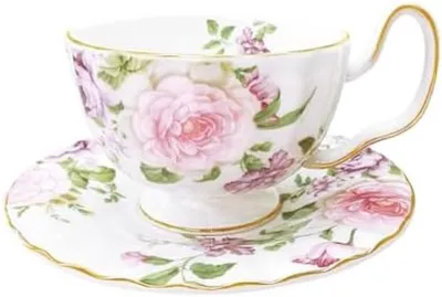 Produktbild von PromoHome® Keramische Teetasse mit Untertasse – Rosa Pfingstrosen Design, 2000 ml, Porzellan