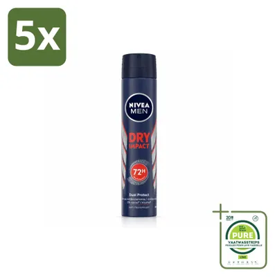 Immagine prodotto di 5 x NIVEA MEN Deodorante Spray Anti-Traspirante Dry Impact 200 ml - Confezione grande - 5 pezzi