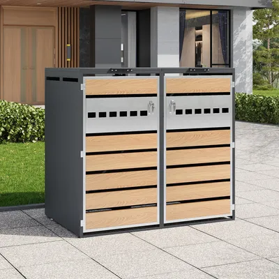Image de Abri pour poubelles Merax avec couvercle rabattable et 2 compartiments, habillage verrouillable pour poubelles aspect bois et acier, pour le jardin et l'extérieur