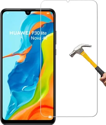 A screen protector for a Huawei P30 Lite is shown next to a hammer, demonstrating its durability.