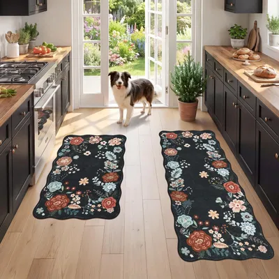 2er-Set Küchenläufer, rutschfest, Blumenmuster, schwarz, 50 x 80 + 50 x 150 cm