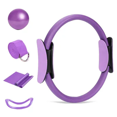 A set of purple Pilates fitness equipment is displayed against a white background.