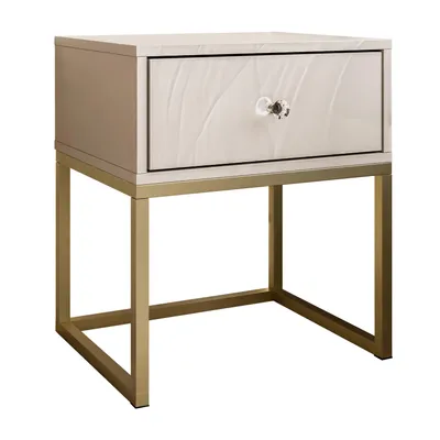 Produktbild von Nachttisch BLANCO KASZMIR auf einem mattgoldenen Gestell mit weißem Kristallgriff