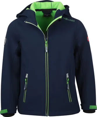A navy blue Trollkids softshell jacket with green accents, shown front-on against a white background.
