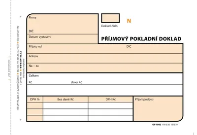 Produktbild von Příjmový pokladní doklad Optys - A6 / číslovaný 3 x 25 listů NCR / 1082