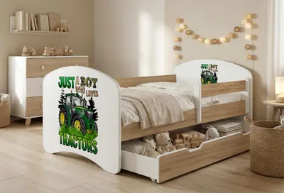 Obrázok produktu pre Detská postieľka Happy Babies s bočnicou pre chlapcov, 140 x 70 cm, do detskej izby, so zásuvkou, matrac, jednolôžková detská postieľka, Craft, traktor