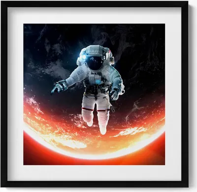 Produktbild von Astronaut im Weltraum– Wandbild mit Rahmen – Gerahmtes Bild  – Wanddekoration – 50x50 cm –  Schwarz Rahmen
