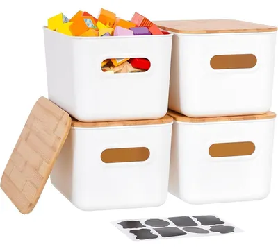 Obrázek produktu pro Úložné boxy s bambusovým víkem, 4 kusy, stohovatelné, s rukojeťmi, rozměry 26 x 17,8 x 15,5 cm, objem 6,5 litru