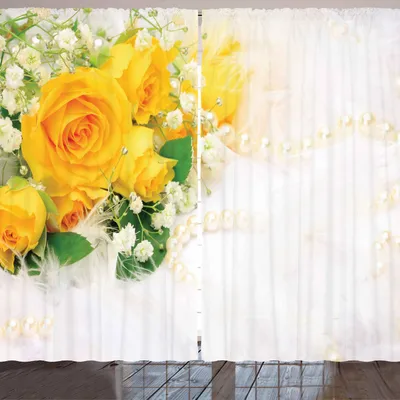 Zdjęcie produktu dla ARANDE Żółta zasłona, bukiet romantycznych i kolorowych róż na białym tle, 280 x 245 cm, zielony paprociowy Żółty perłowy