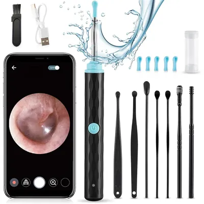 Produktbild von Ohrenschmalz-Entfernungskamera, 1296P HD, kabelloses WiFi-Otoskop mit 6 Lichtern, wiederaufladbares Reinigungsset für Erwachsene & Kinder (Schwarz)