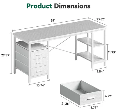 Zdjęcie produktu dla Biurko – biurko gamingowe – 140 × 60 × 75 cm – 3 szuflady obite tkaniną – 3 półki – prostokątne – do samodzielnego montażu – białe