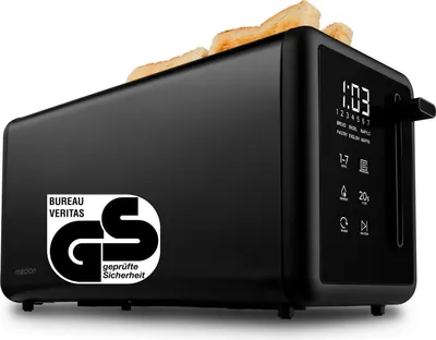 Produktbild von MEDION Toaster 4 Scheiben mit Brötchenaufsatz (7 Bräunungsstufen, 5 Automatikprogramme, 1.450 Watt, 2 lange Toastschlitze, Auftauen, Aufwärmen, Krümelschublade, Edelstahl Matt, MD 12103) schwarz