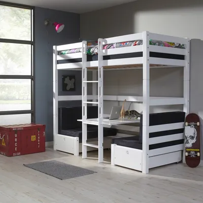 Produktbild von Etagenbett Finley Buche 90x200 cm Weiß mit Sitzgelegenheit und Kissen
