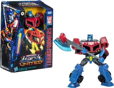 A Transformers action figure and its packaging are displayed against a white background.