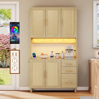 Zdjęcie produktu dla Szafka kuchenna o szerokości 183 cm, wyposażona w oświetlenie LED sterowane aplikacją, 2 porty USB, 2 gniazdka elektryczne, regulowane półki, 3 szuflady i złote uchwyty.