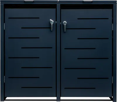A front view of a double trash bin enclosure made of dark metal.