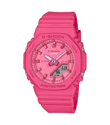 A bright pink G-Shock watch is shown from a front-facing angle against a white background.