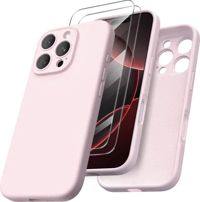Produktbild von ORNARTO iPhone 16 Pro Hülle rosa - Kameraschutz, 2 Schutzfolien, flüssiges Silikon 6.3 Zoll