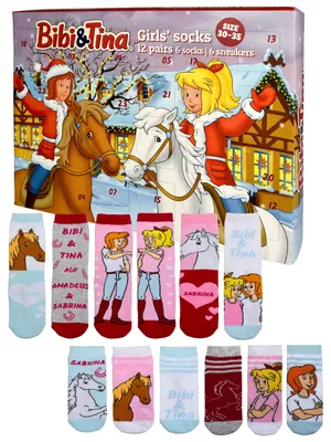 Produktbild von Bibi & Tina Adventskalender mit 12 Paar Socken Größe 30-35 für Mädchen Weihnachtskalender mit Sneakers und langen Socken