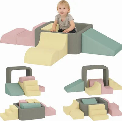 Produktbild von Schaumstoff-Bausteine für Kinder - 7-teiliges Softplay-Set - Waschbare Cord-Bezüge - Zum Klettern und Krabbeln - 174×174×30 cm - Mehrfarbig