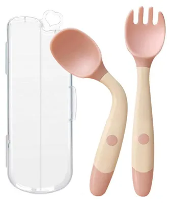 Produktbild von ASKSA 2PCS Kleinkinder Fuetterung Training Loeffel und Gabel Geschirr,Baby Utensilien Loeffel Gabeln Set, Easy Grip Hitzebestaendige Biegsame Lernloeffel Gabeln fuer Kinder (Rosa)