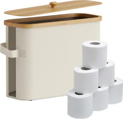 Produktbild von Relaxdays Toilettenpapier Aufbewahrung, 12 Rollen, HxBxT: 33 x 45 x 16 cm, Stoff, Bambus, Klopapier Korb, Vorrat, beige