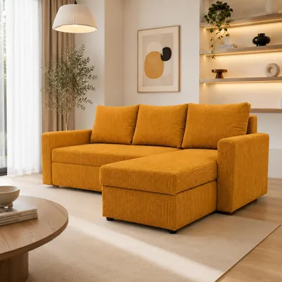 Produktbild von CODY Ecksofa mit Schlaffunktion 220 cm Schlafsofa Senfgelb Cordstoff Bettkasten Bonellfederung