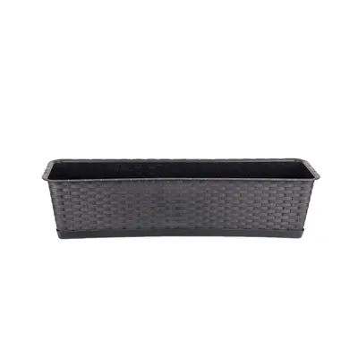 Produktbild von BigDean Blumenkasten mit Untersetzer 70 cm lang Rattan-Optik anthrazit - aus PP-Kunststoff - Balkon Pflanzkasten schmal Balkonkasten