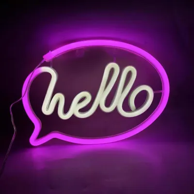 Zdjęcie produktu dla Lampka LED NEON, dekoracyjna lampka na baterie USB, hello pink white, ok. 23 x 19 cm