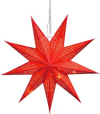 Produktbild von Weihnachtsstern aus Papier zum Aufhängen | ca. Ø 45 cm | inkl. 10er LED Lichterkette | batteriebetrieben | faltbarer Papierstern | idealer Leuchtstern als Fensterdeko (rot)