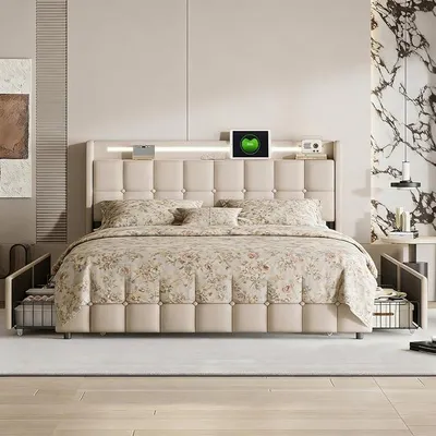 Immagine prodotto di Letto imbottito 180 x 200 cm con 4 cassetti, letto matrimoniale con illuminazione LED e stazione di ricarica, letto per ragazzi con spazio contenitivo. Testiera imbottita, letto con rete a doghe, senza materasso, lenzuola (beige, 180x200 cm)