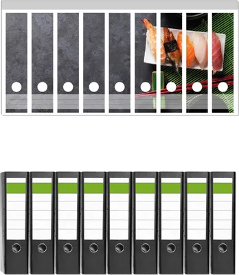 Produktbild von Wallario 9 Stück breite Ordner inkl. Klebeetiketten mit Motive Sushimenu auf Schiefer - Nigiri mit grünem Tee -  Set mit Rückenschildern / Ordnerrücken Stickern