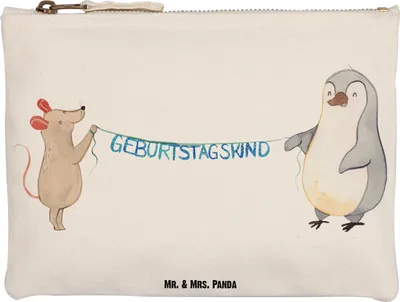 Produktbild von Mr. & Mrs. Panda Mäppchen Maus Pinguin Geburtstag Grösse XL Große - Weiß - Geschenk, Geburtstagsgeschenk, Etui, Kosmetiktasche, Happy Birthday, Stoffbeutel, Schulmäppchen