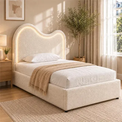 Imagen del producto de Cama tapizada Zerbaco, individual, para niños, 90x200 cm, con mecanismo hidráulico, con cajón para ropa de cama, con somier de láminas, color blanco, tejido bouclé