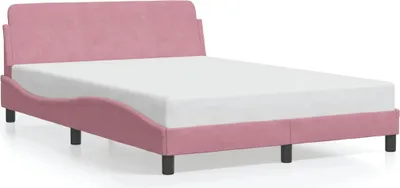 A pink bed frame with a white mattress on a white background.