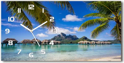 A tropical beach scene with overwater bungalows and palm trees, featuring a clock face.