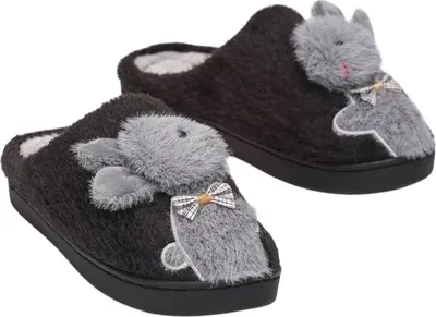 Produktbild von Damen Isoliert Hausschuhe Gefüttert Slippers mit Maus Muster in Schwarz Gr.38/39