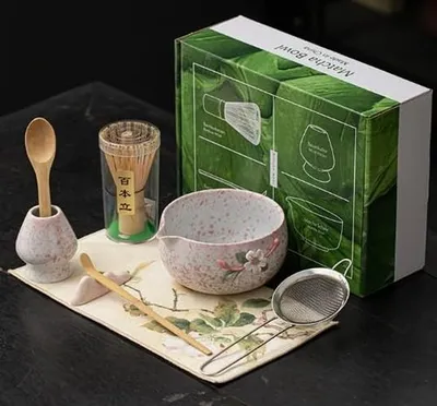 Produktbild von Matcha-Set, 7-teilig - Matcha-Zubehörset - Spülmaschinenfeste Keramik - Bambus-Schneebesen - Matcha-Sieb - Anleitung für Anfänger - Teeset