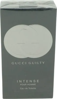 A close-up shot of a Gucci Guilty Intense for Men Eau de Toilette spray box.
