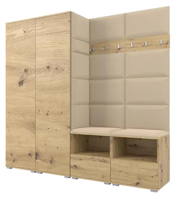Produktbild von Garderobe NELA VI 200 cm Kompaktgarderobe Artisan Eiche mit Sitzpolster Beige 04 (Schrank & Paneel)